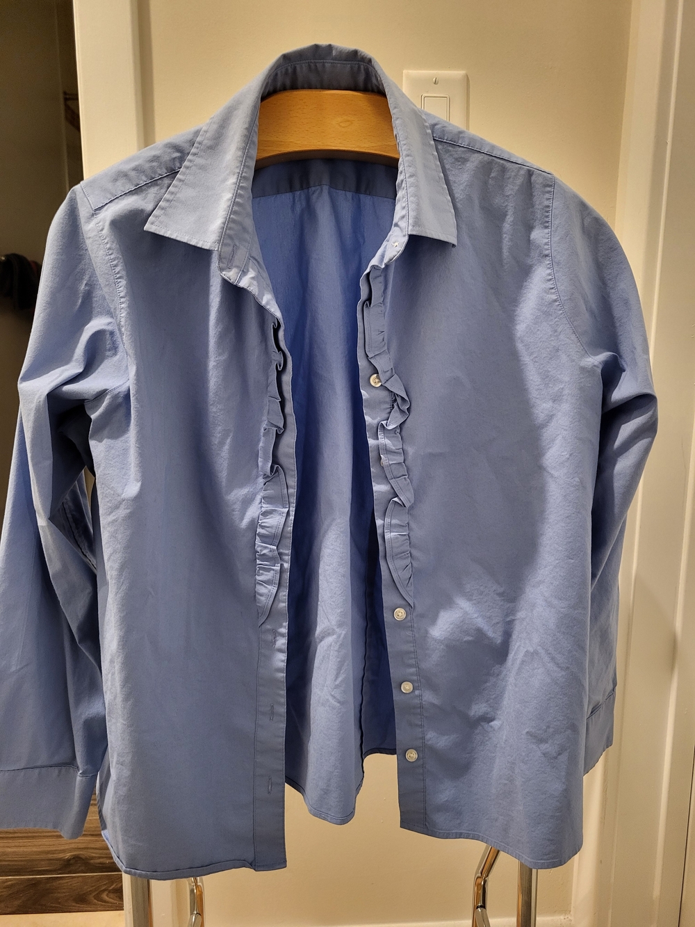 Lands' End Light Blue Women's Ruffle-Front Button Down Shirt